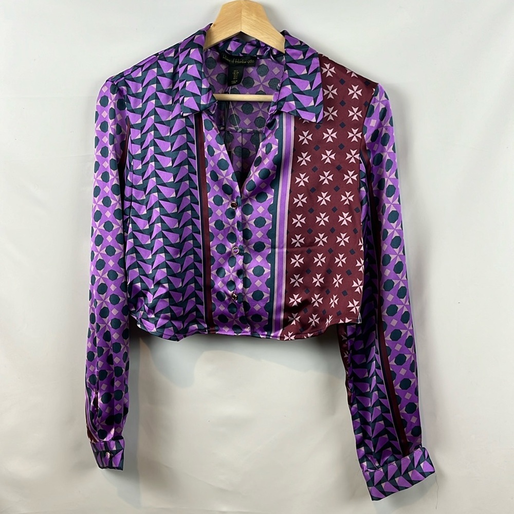 House‎ of Harlow 1960 Printed Crop Purple Brown Satin Long Sleeve Blouse Size S